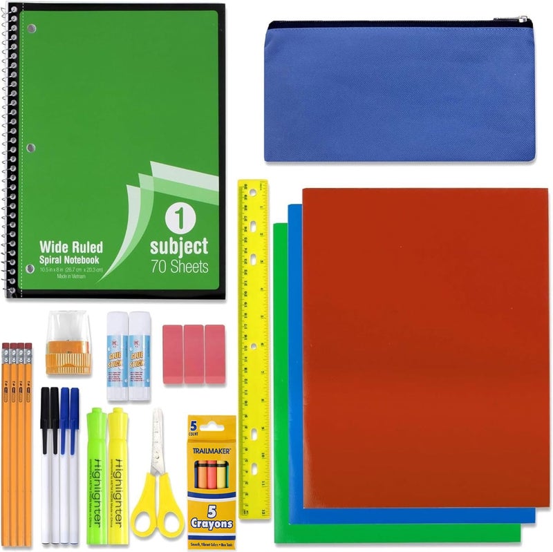 Trailmaker School Supplies Kit for Girls, Boys Back to School Supplies Bundle Pack 30 Piece School Supply Box Set for Kids Kindergarten, Elementary K-8 Includes Notebook, Folders, Pens, Pencils, and More - Image 4